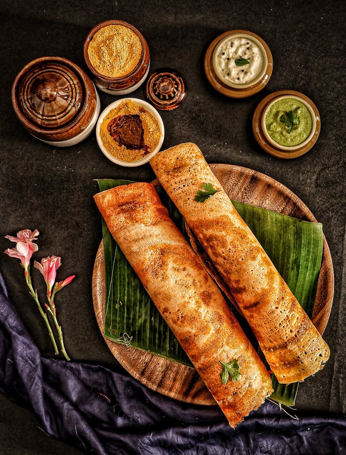 Delicious traditional dosa served with a variety of Indian chutneys and sambar on banana leaves.